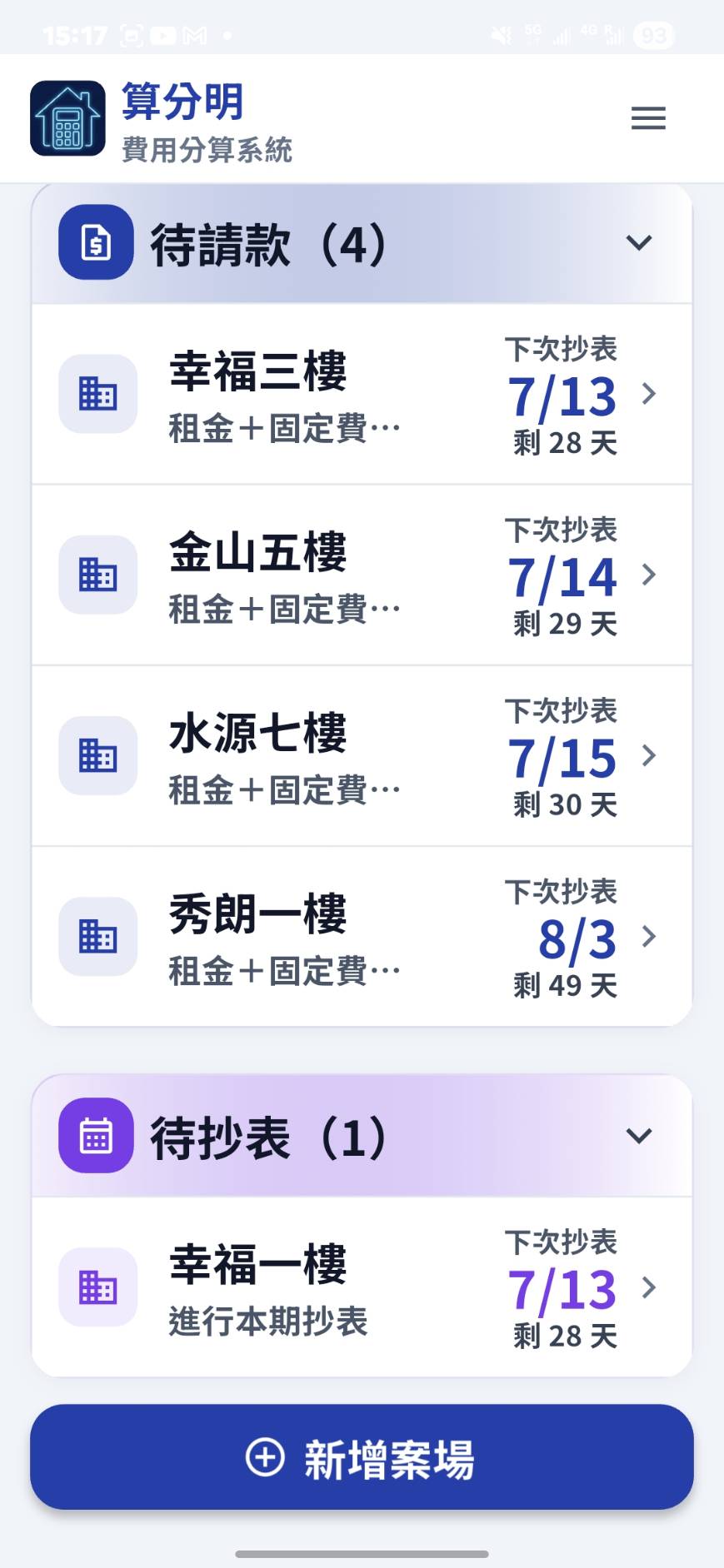 算分明首頁案場工作狀態：待請款、待抄表